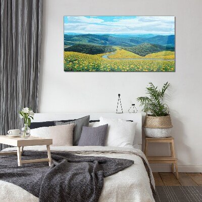 Landscape in yellow flowers Glass Wall Art