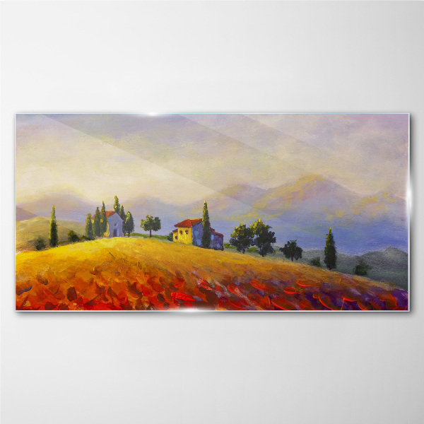 Sunny landscape with houses on a hill Glass Print
