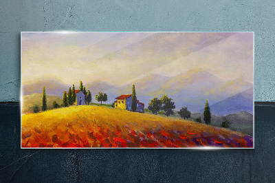 Sunny landscape with houses on a hill Glass Print
