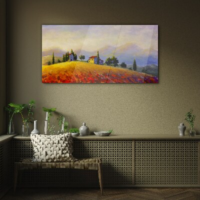 Sunny landscape with houses on a hill Glass Print