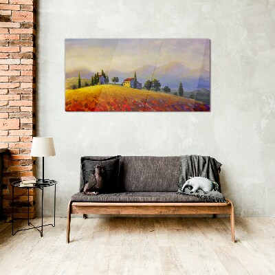 Sunny landscape with houses on a hill Glass Print