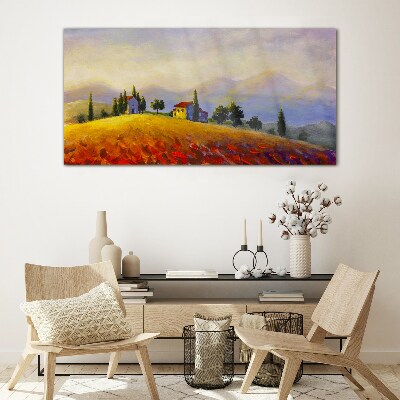 Sunny landscape with houses on a hill Glass Print
