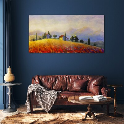 Sunny landscape with houses on a hill Glass Print