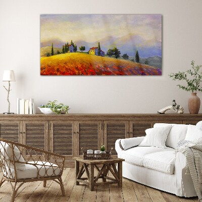 Sunny landscape with houses on a hill Glass Print