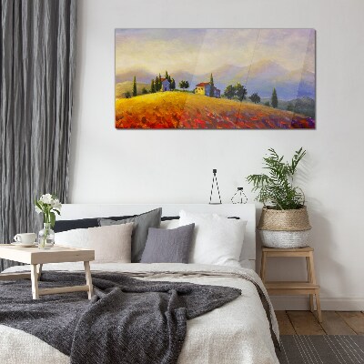 Sunny landscape with houses on a hill Glass Print