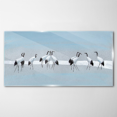 Flocks of cranes on a blue background Glass Wall Art