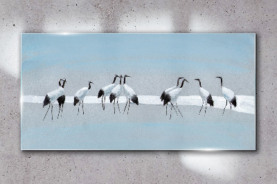 Flocks of cranes on a blue background Glass Wall Art