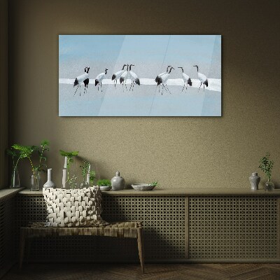 Flocks of cranes on a blue background Glass Wall Art