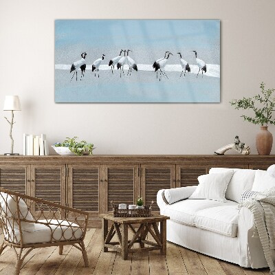 Flocks of cranes on a blue background Glass Wall Art