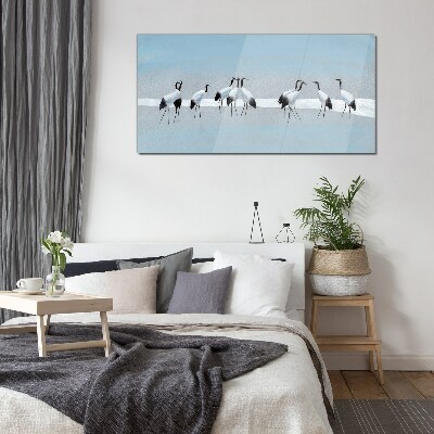Flocks of cranes on a blue background Glass Wall Art