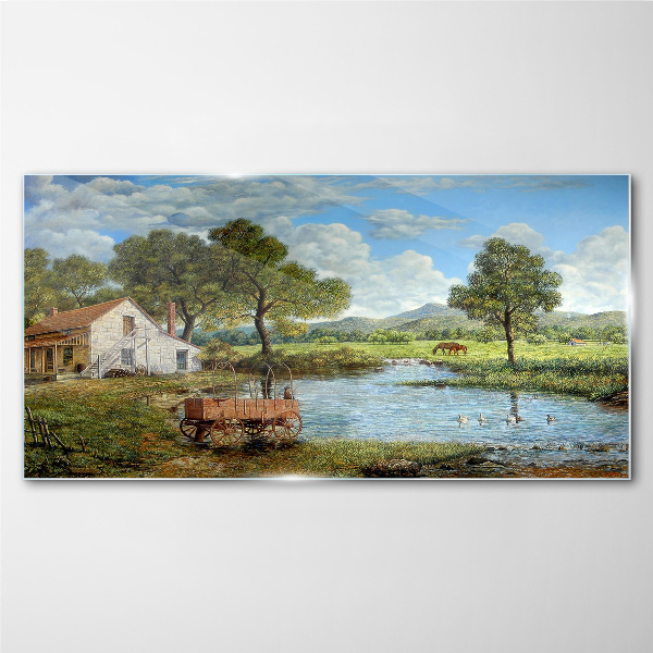 A peaceful rural landscape with a river Glass Wall Art