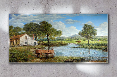 A peaceful rural landscape with a river Glass Wall Art