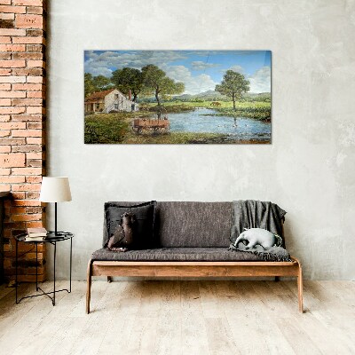 A peaceful rural landscape with a river Glass Wall Art