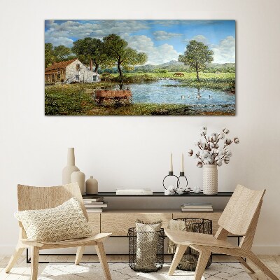 A peaceful rural landscape with a river Glass Wall Art