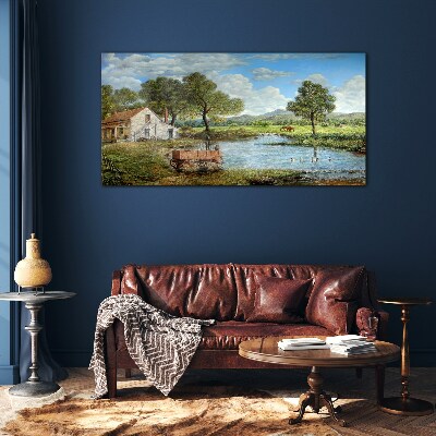 A peaceful rural landscape with a river Glass Wall Art
