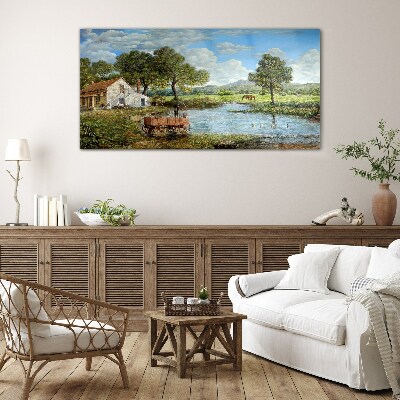 A peaceful rural landscape with a river Glass Wall Art