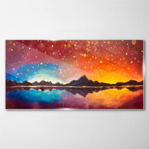 Sunset over a mountain lake Glass Print