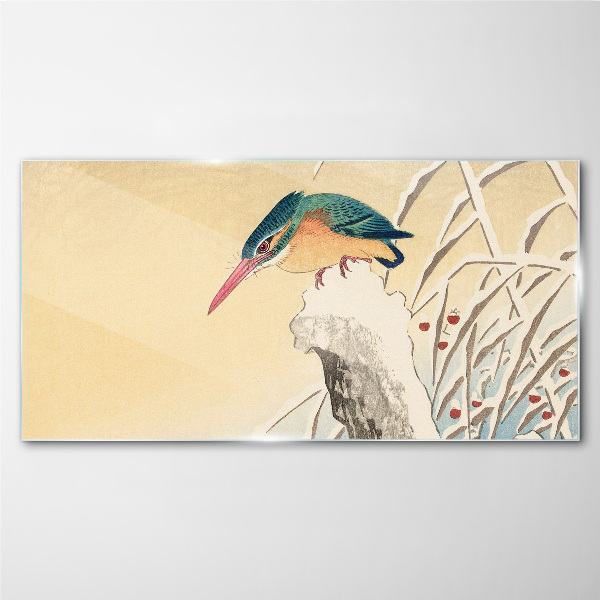A bird against a delicate landscape Glass Wall Art