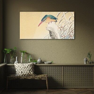 A bird against a delicate landscape Glass Wall Art