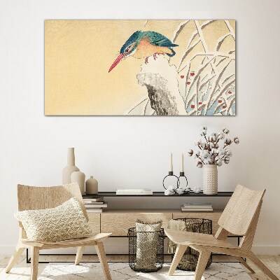 A bird against a delicate landscape Glass Wall Art