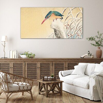 A bird against a delicate landscape Glass Wall Art