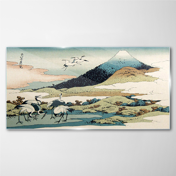 Cranes by a Mountain Glass Print
