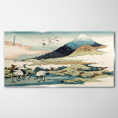 Cranes by a Mountain Glass Print