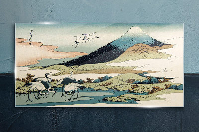 Cranes by a Mountain Glass Print