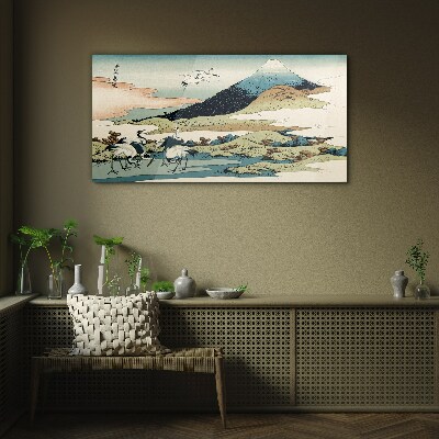 Cranes by a Mountain Glass Print