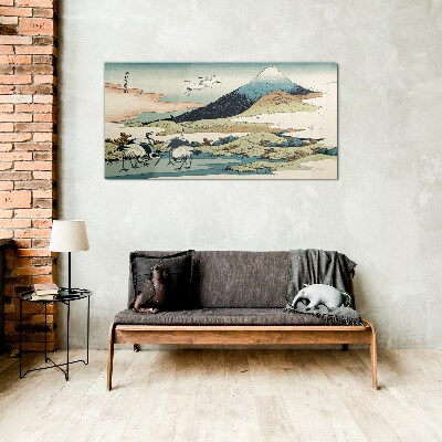 Cranes by a Mountain Glass Print