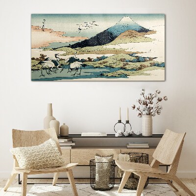 Cranes by a Mountain Glass Print