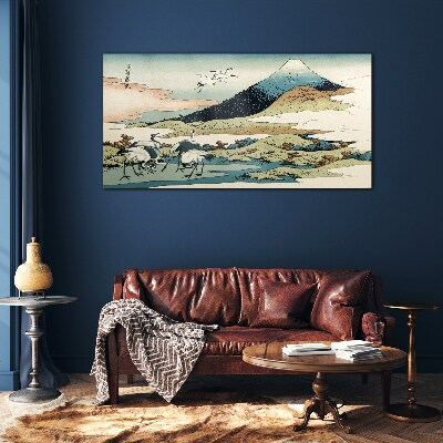 Cranes by a Mountain Glass Print