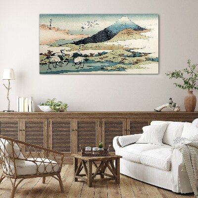 Cranes by a Mountain Glass Print
