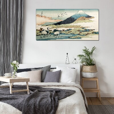 Cranes by a Mountain Glass Print