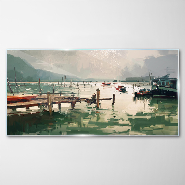 A quiet port in the morning Glass Wall Art