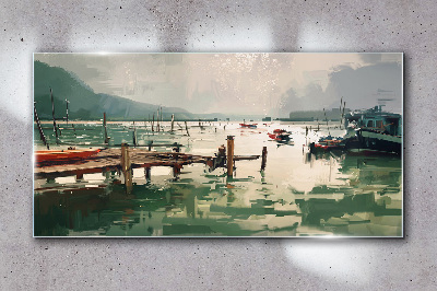 A quiet port in the morning Glass Wall Art