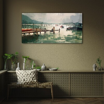 A quiet port in the morning Glass Wall Art