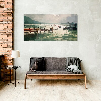A quiet port in the morning Glass Wall Art