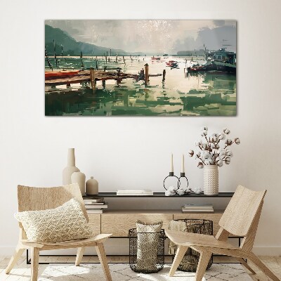 A quiet port in the morning Glass Wall Art
