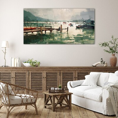 A quiet port in the morning Glass Wall Art