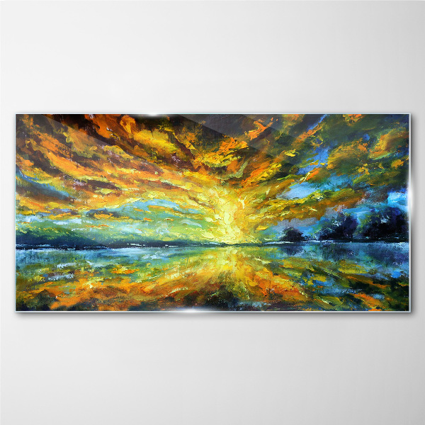 Lake trees sky sun Glass Wall Art