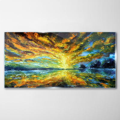 Golden clouds over calm water Glass Wall Art