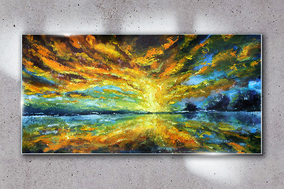 Golden clouds over calm water Glass Wall Art