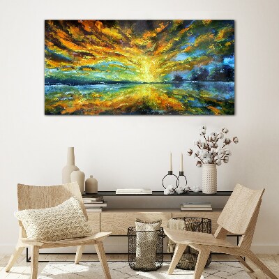 Golden clouds over calm water Glass Wall Art