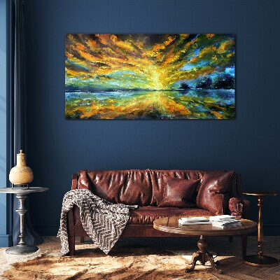 Golden clouds over calm water Glass Wall Art