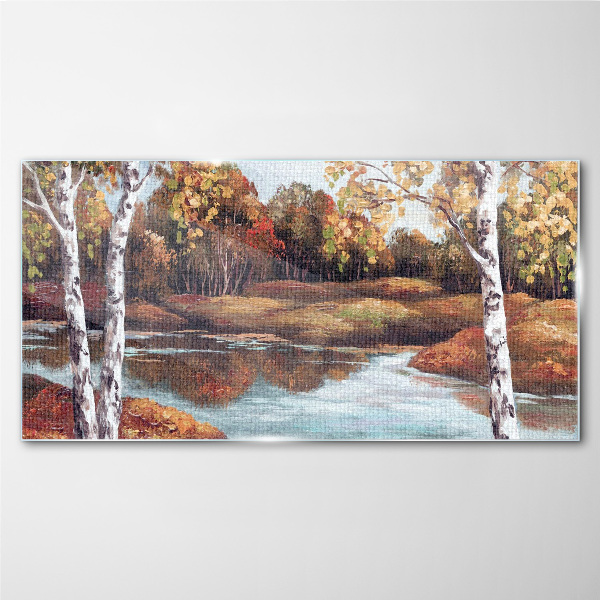 Autumn scenery by the river Glass Wall Art