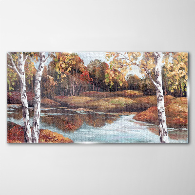 Autumn scenery by the river Glass Wall Art