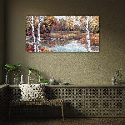 Autumn scenery by the river Glass Wall Art
