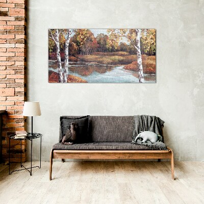 Autumn scenery by the river Glass Wall Art