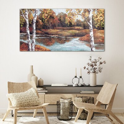 Autumn scenery by the river Glass Wall Art